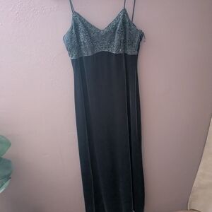 Rhapsody Teal Green Velvet Maxi Dress with Lace Bodice